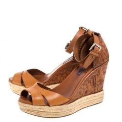 Pre Owned Ralph Lauren Brown Floral Leather Espadrille Wedge Platform Ankle Strap Sandals Size 39