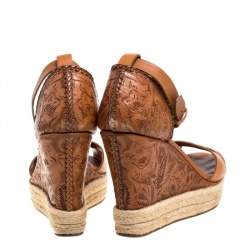 Pre Owned Ralph Lauren Brown Floral Leather Espadrille Wedge Platform Ankle Strap Sandals Size 39