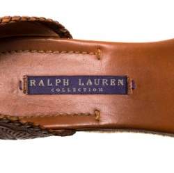 Pre Owned Ralph Lauren Brown Floral Leather Espadrille Wedge Platform Ankle Strap Sandals Size 39