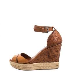 Pre Owned Ralph Lauren Brown Floral Leather Espadrille Wedge Platform Ankle Strap Sandals Size 39