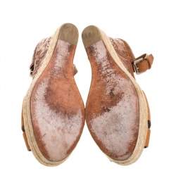 Pre Owned Ralph Lauren Brown Floral Leather Espadrille Wedge Platform Ankle Strap Sandals Size 39