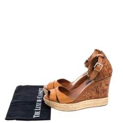 Pre Owned Ralph Lauren Brown Floral Leather Espadrille Wedge Platform Ankle Strap Sandals Size 39