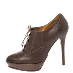 Ralph Lauren Brown Leather Brogue Platform Booties Size 38.5