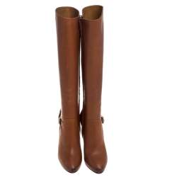 Pre Owned Ralph Lauren  Brown Leather Vivera Buckle Detail Knee Length Boots Size 36.5
