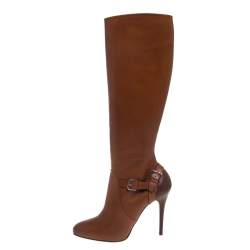 Pre Owned Ralph Lauren  Brown Leather Vivera Buckle Detail Knee Length Boots Size 36.5