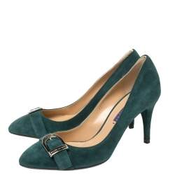 Pre Owned Ralph Lauren Dark Green Suede Buckle Embellished Pumps Size 37