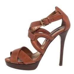 Pre Owned Ralph Lauren Collection Brown Leather Criss Cross Platform Ankle Strap Sandals Size 37.5
