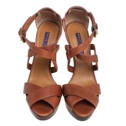 Pre Owned Ralph Lauren Collection Brown Leather Criss Cross Platform Ankle Strap Sandals Size 37.5