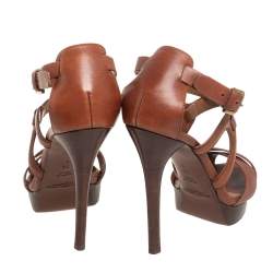 Pre Owned Ralph Lauren Collection Brown Leather Criss Cross Platform Ankle Strap Sandals Size 37.5