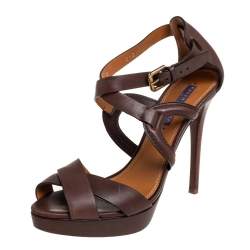 Ralph Lauren Collection Brown  Leather Ankle Strap  Sandals Size 40.5