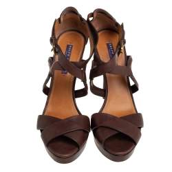 Ralph Lauren Collection Brown  Leather Ankle Strap  Sandals Size 40.5