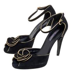Pre Owned Ralph Lauren Collection Black Suede Rose Peep Toe Ankle Wrap Sandals 38