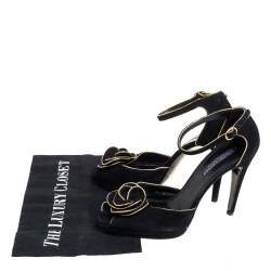 Pre Owned Ralph Lauren Collection Black Suede Rose Peep Toe Ankle Wrap Sandals 38