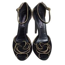 Pre Owned Ralph Lauren Collection Black Suede Rose Peep Toe Ankle Wrap Sandals 38