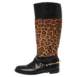 Pre Owned Ralph Lauren Collection Brown/Black Leopard Print Pony Hair and Leather Riding Knee High Boots Size 38.5