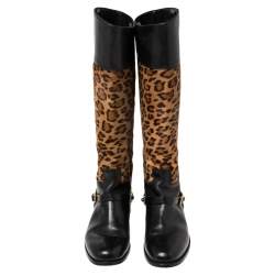 Pre Owned Ralph Lauren Collection Brown/Black Leopard Print Pony Hair and Leather Riding Knee High Boots Size 38.5