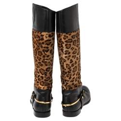 Pre Owned Ralph Lauren Collection Brown/Black Leopard Print Pony Hair and Leather Riding Knee High Boots Size 38.5