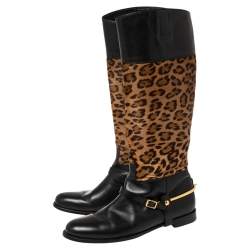 Pre Owned Ralph Lauren Collection Brown/Black Leopard Print Pony Hair and Leather Riding Knee High Boots Size 38.5