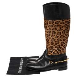 Pre Owned Ralph Lauren Collection Brown/Black Leopard Print Pony Hair and Leather Riding Knee High Boots Size 38.5