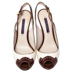 Pre Owned Ralph Lauren Collection White/Brown Leather Peep Toe Slingback Sandals Size 36.5