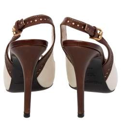 Pre Owned Ralph Lauren Collection White/Brown Leather Peep Toe Slingback Sandals Size 36.5