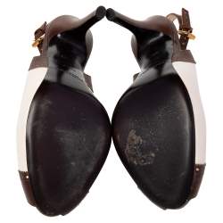 Pre Owned Ralph Lauren Collection White/Brown Leather Peep Toe Slingback Sandals Size 36.5