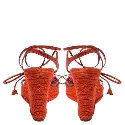 Pre Owned Ralph Lauren Collection Orange Leather Espadrille Wedge Sandals Size 38