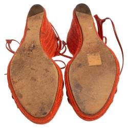 Pre Owned Ralph Lauren Collection Orange Leather Espadrille Wedge Sandals Size 38
