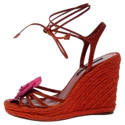 Pre Owned Ralph Lauren Collection Orange Leather Espadrille Wedge Sandals Size 38