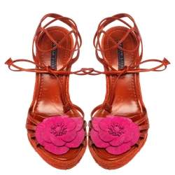 Pre Owned Ralph Lauren Collection Orange Leather Espadrille Wedge Sandals Size 38
