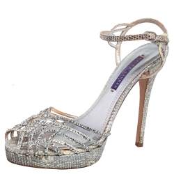 Ralph Lauren Collection Grey/White Snake Embossed Leather Crystal Embellished Platform Sandals Size 38.5