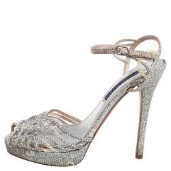 Ralph Lauren Collection Grey/White Snake Embossed Leather Crystal Embellished Platform Sandals Size 38.5