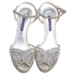 Ralph Lauren Collection Grey/White Snake Embossed Leather Crystal Embellished Platform Sandals Size 38.5