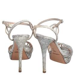Ralph Lauren Collection Grey/White Snake Embossed Leather Crystal Embellished Platform Sandals Size 38.5