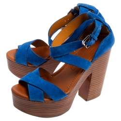 Pre Owned Ralph Lauren Collection Blue Suede Alannah Sandals Size 37.5