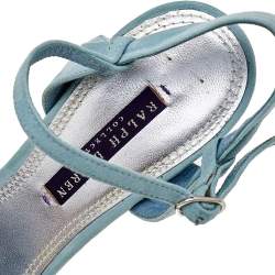 Pre Owned Ralph Lauren Silver/Blue Fabric And Suede Ankle Strap Sandals Size 37.5