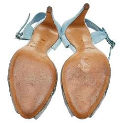 Pre Owned Ralph Lauren Silver/Blue Fabric And Suede Ankle Strap Sandals Size 37.5