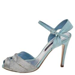 Pre Owned Ralph Lauren Silver/Blue Fabric And Suede Ankle Strap Sandals Size 37.5