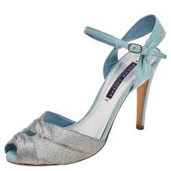 Pre Owned Ralph Lauren Silver/Blue Fabric And Suede Ankle Strap Sandals Size 37.5