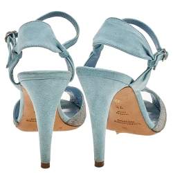 Pre Owned Ralph Lauren Silver/Blue Fabric And Suede Ankle Strap Sandals Size 37.5