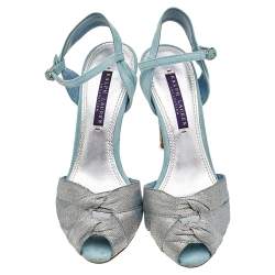 Pre Owned Ralph Lauren Silver/Blue Fabric And Suede Ankle Strap Sandals Size 37.5