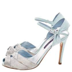Pre Owned Ralph Lauren Silver/Blue Fabric And Suede Ankle Strap Sandals Size 37.5