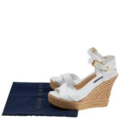 Pre Owned Ralph Lauren Collection White Leather Criss Cross Espadrilles Platform Wedge Ankle Strap Sandals Size 40