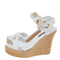 Pre Owned Ralph Lauren Collection White Leather Criss Cross Espadrilles Platform Wedge Ankle Strap Sandals Size 40