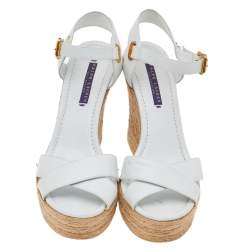 Pre Owned Ralph Lauren Collection White Leather Criss Cross Espadrilles Platform Wedge Ankle Strap Sandals Size 40