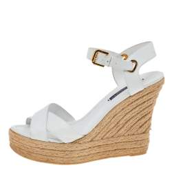 Pre Owned Ralph Lauren Collection White Leather Criss Cross Espadrilles Platform Wedge Ankle Strap Sandals Size 40