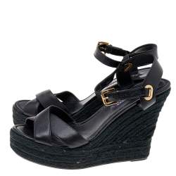 Pre Owned Ralph Lauren Collection Black Leather Criss Cross Espadrilles Platform Wedge Ankle Strap Sandals Size 41