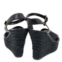 Pre Owned Ralph Lauren Collection Black Leather Criss Cross Espadrilles Platform Wedge Ankle Strap Sandals Size 41