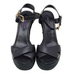 Pre Owned Ralph Lauren Collection Black Leather Criss Cross Espadrilles Platform Wedge Ankle Strap Sandals Size 41