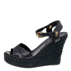 Pre Owned Ralph Lauren Collection Black Leather Criss Cross Espadrilles Platform Wedge Ankle Strap Sandals Size 41